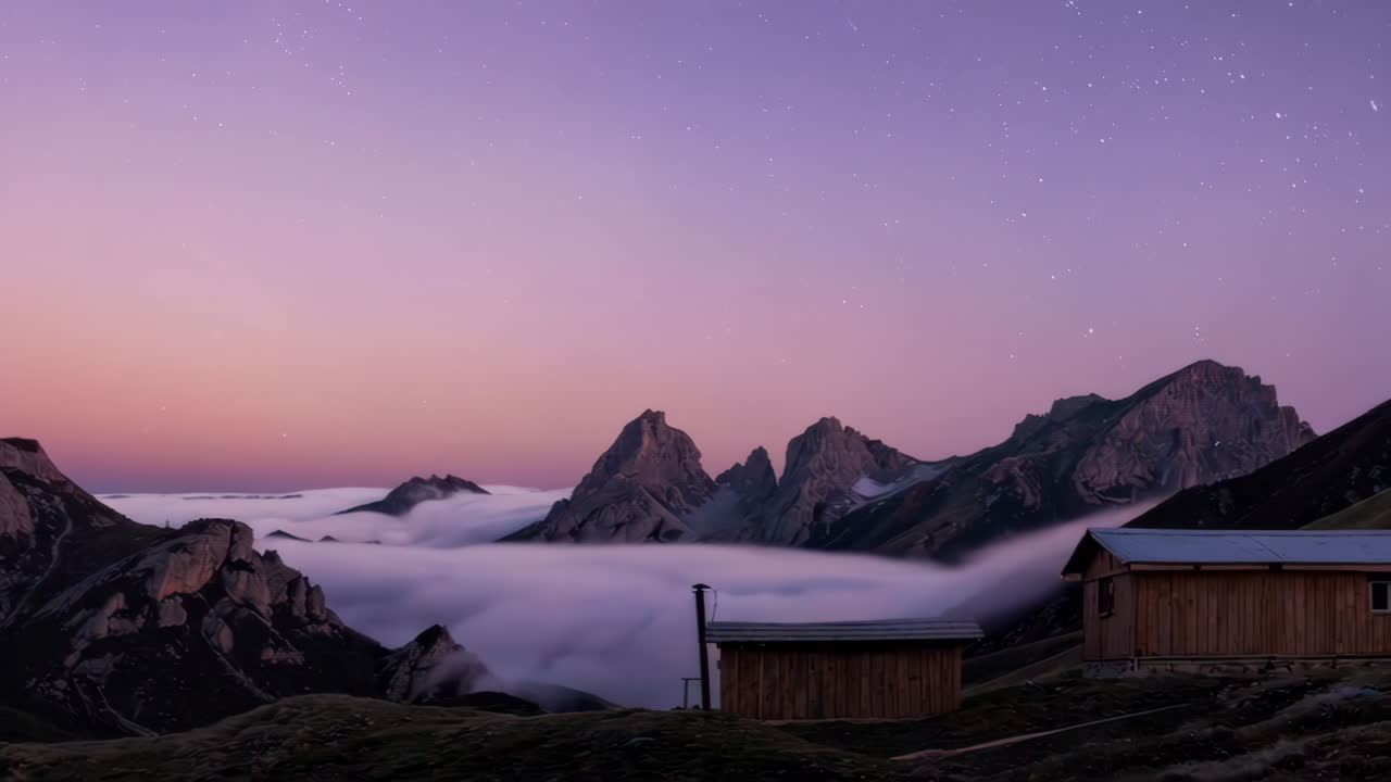 Mountain Cabin at Sunrise/Sunset and Nighttime