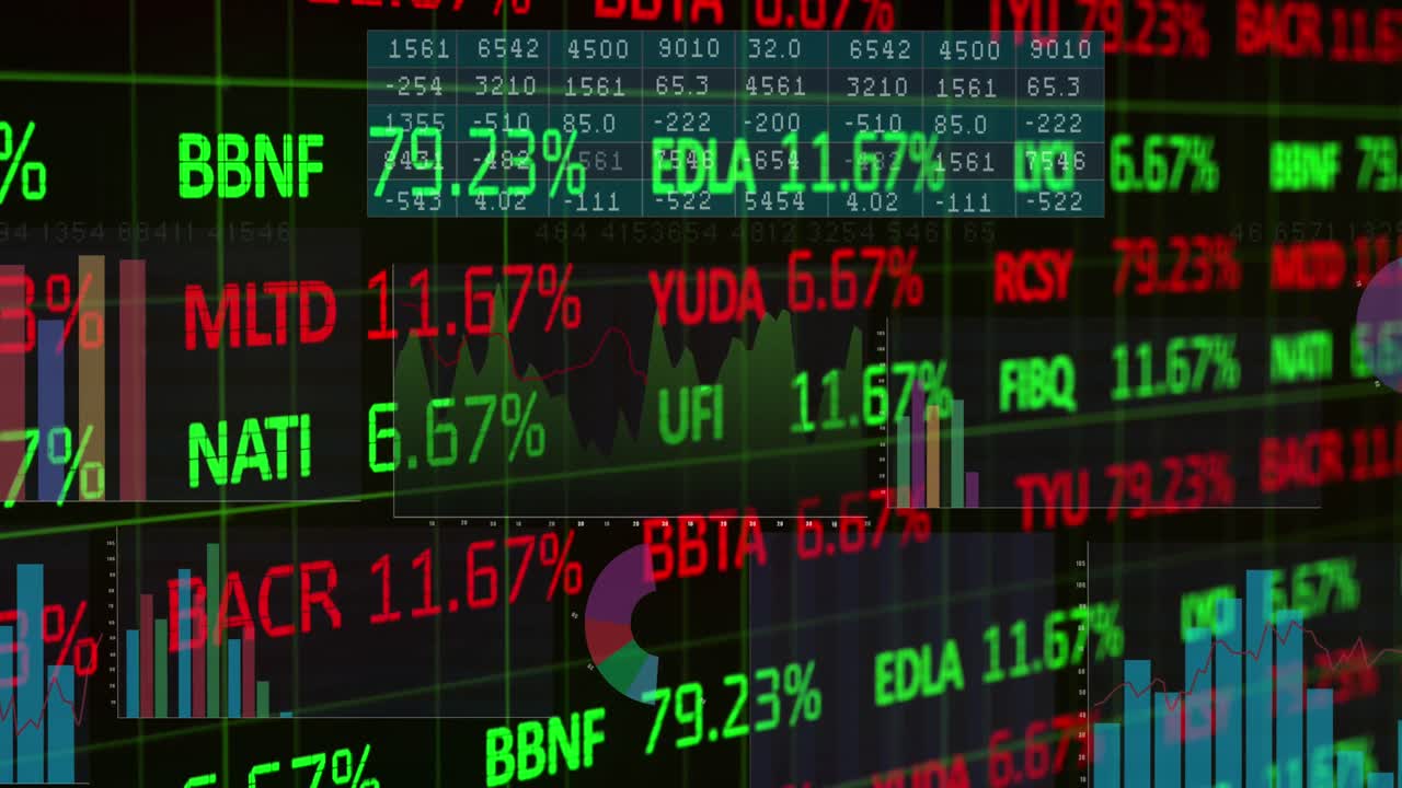 Animazione di un tabellone di trading su grafici multicolori con vari numeri su sfondo nero.