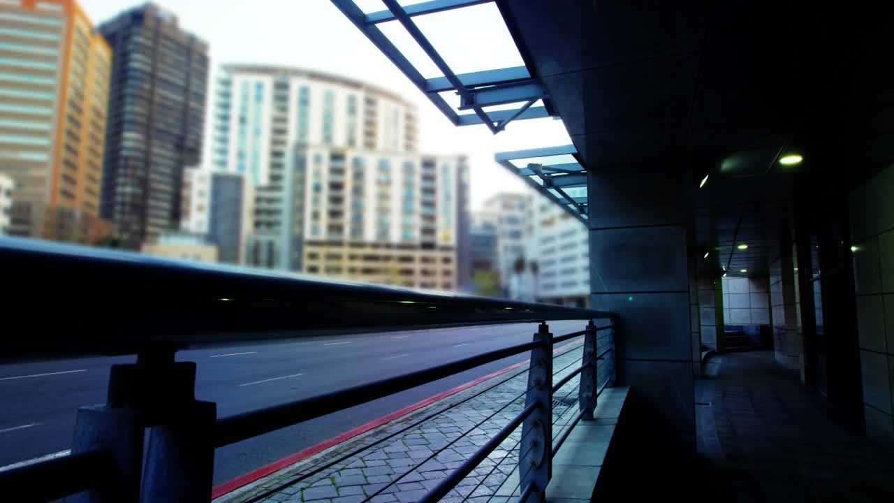 HUD overlays appearing from right, sliding, stacking over walkway railing, displaying city metrics