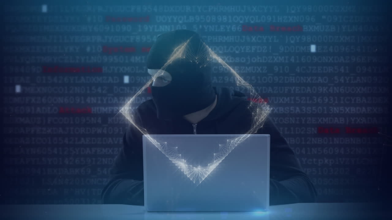 Animation of data and information processing and masked hacker using laptop in dark room