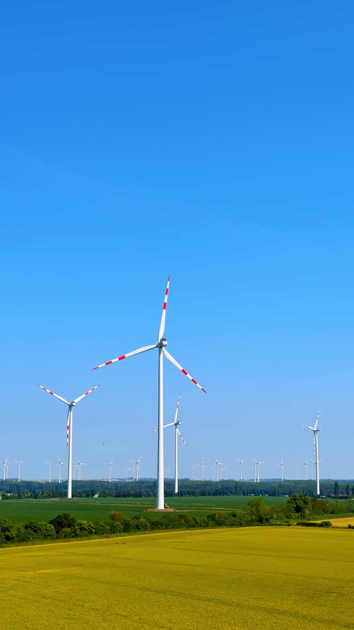 Wind turbines produce clean energy. Wind turbines gracefully spin against a clear blue sky, transforming wind into renewable energy in a rural setting