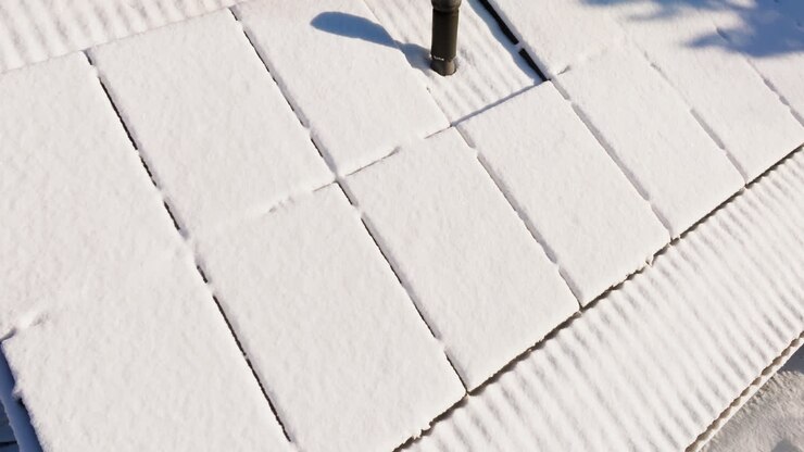 Aerial close-up around snow covered solar panels on a house roof, winter day