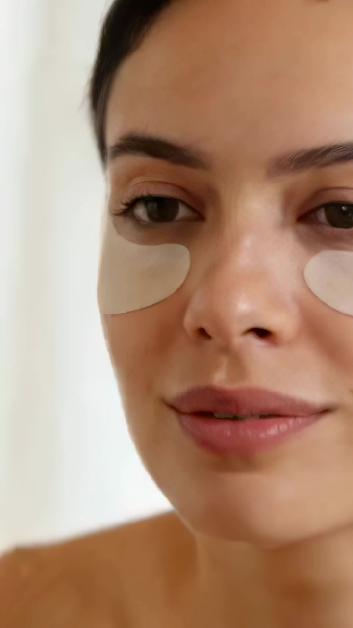 Vertical video: Hand entering, woman adjusting hydrogel eye patches in towel at home, skincare