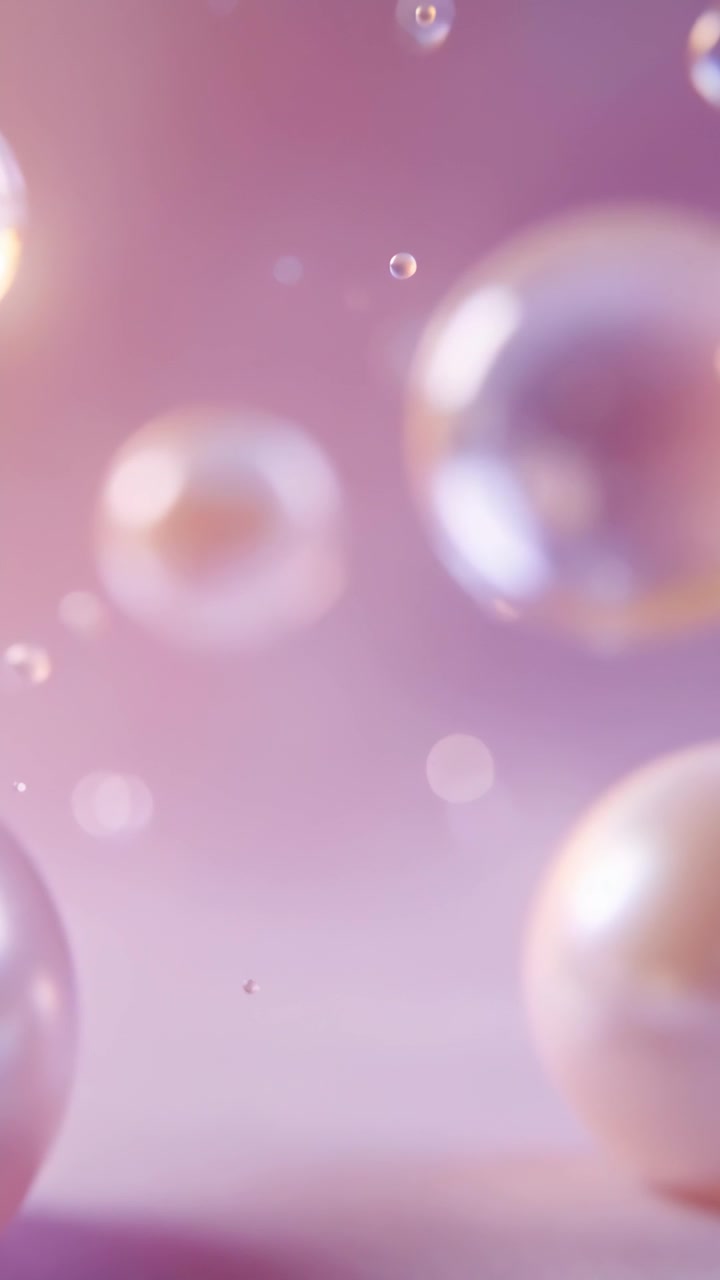 Video verticale: Clip di apertura con una sfera di perla centrale che fluttua, ruota e si posa in studio, tra polvere bokeh pastello.