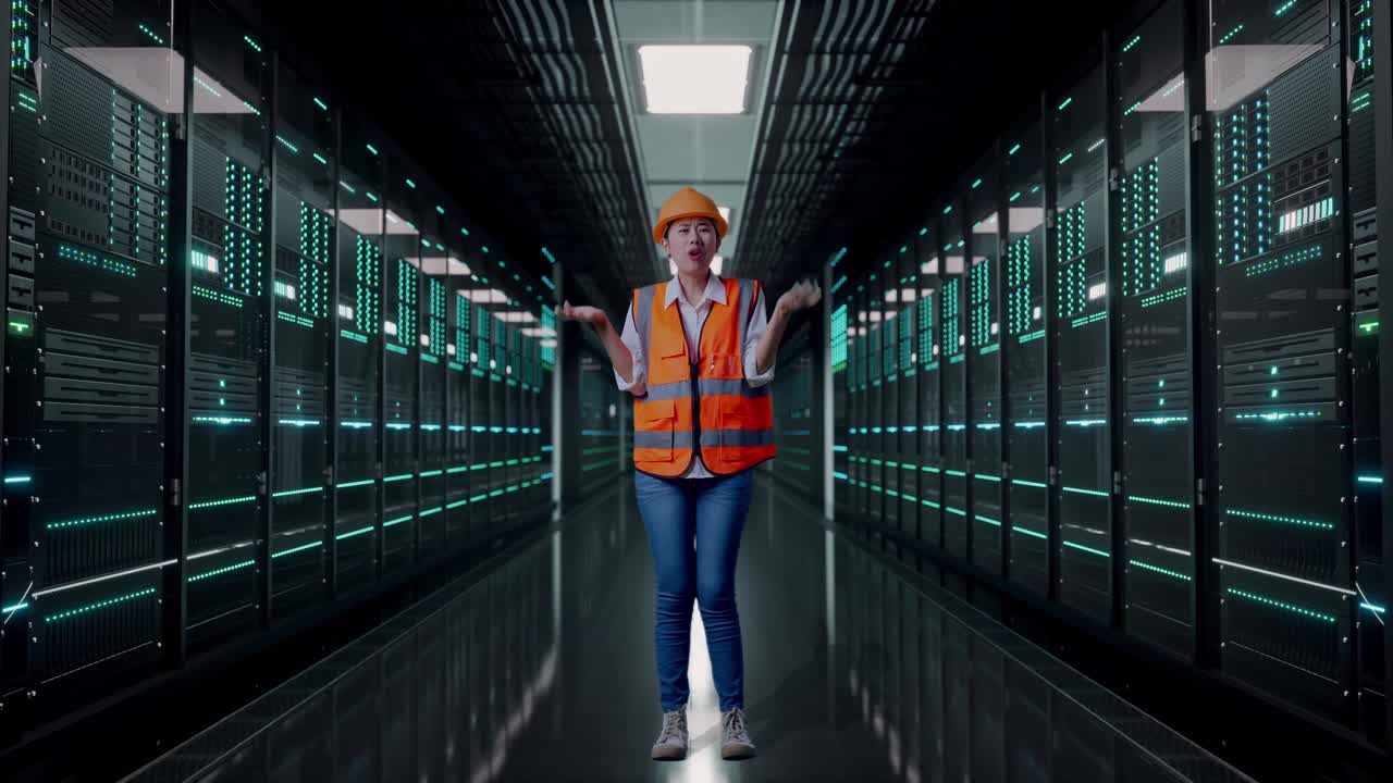 Full Body Of Wondering Asian Female Engineer With Safety Helmet Saying Why Working Doubtfully in Server Room Data Center