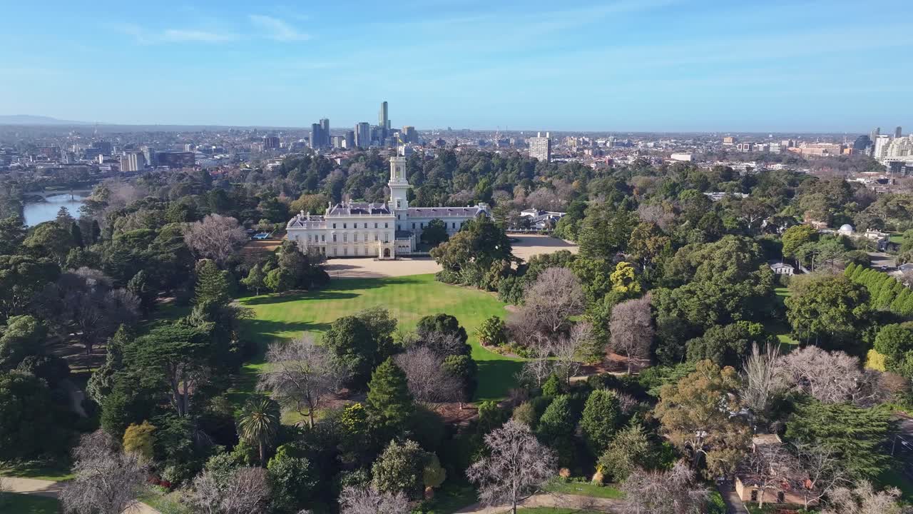 Aerial of Government House Melbourne set within expansive inner city parklands
