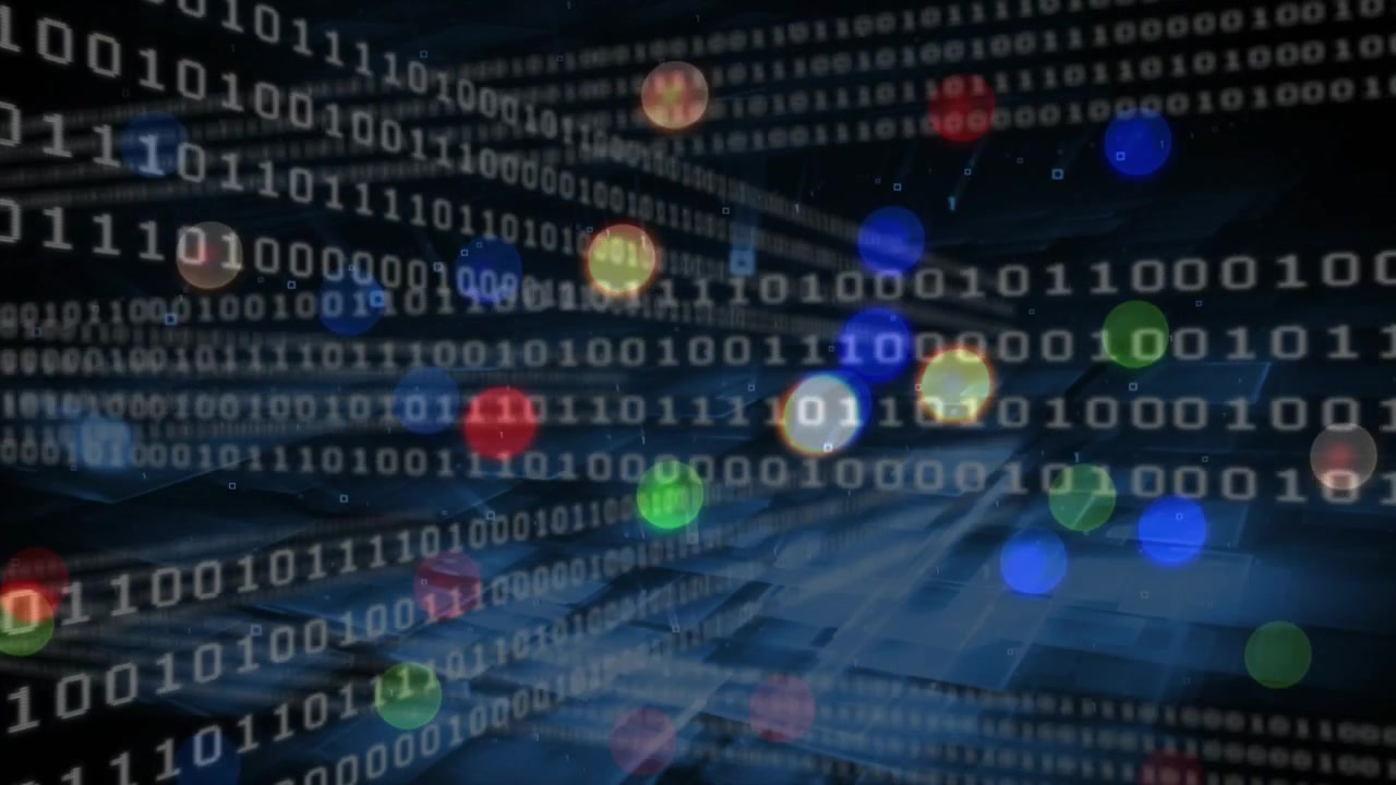 On load layered data stream scrolling diagonally while color bokeh dots shifting showing data flow