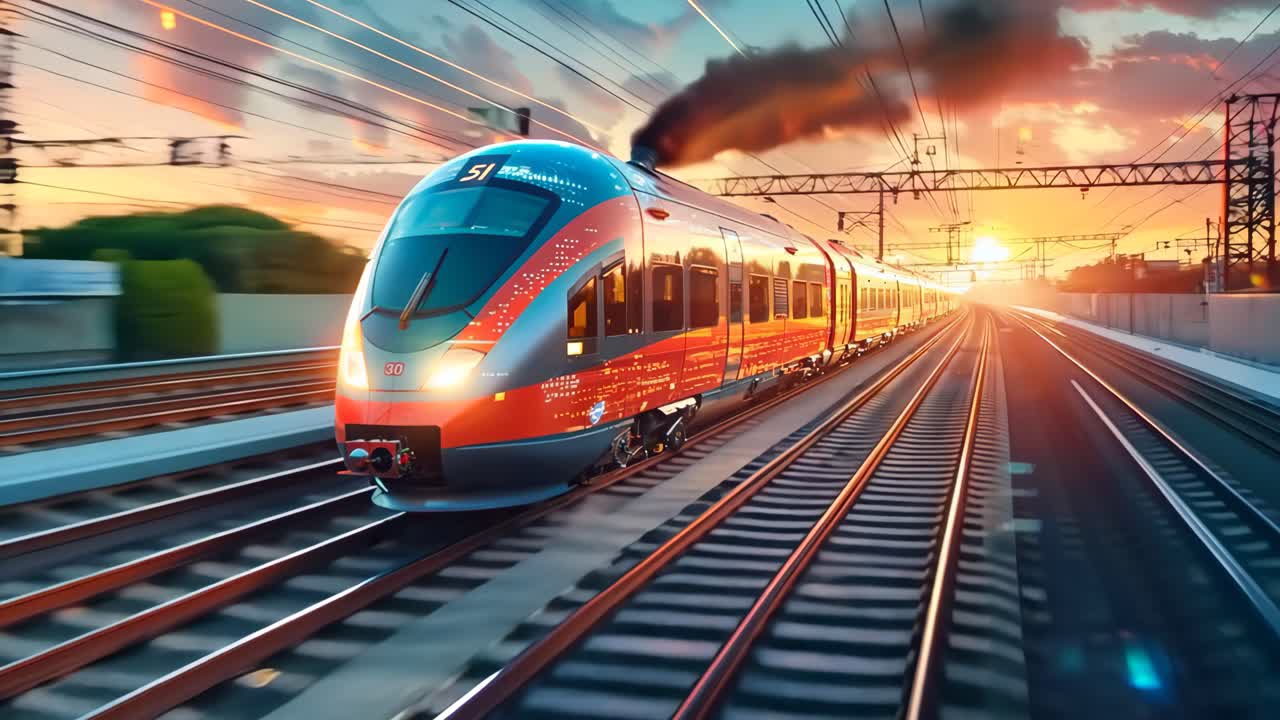 A train is speeding down the tracks with a bright orange and red color scheme. The train is surrounded by a bright orange and red sky