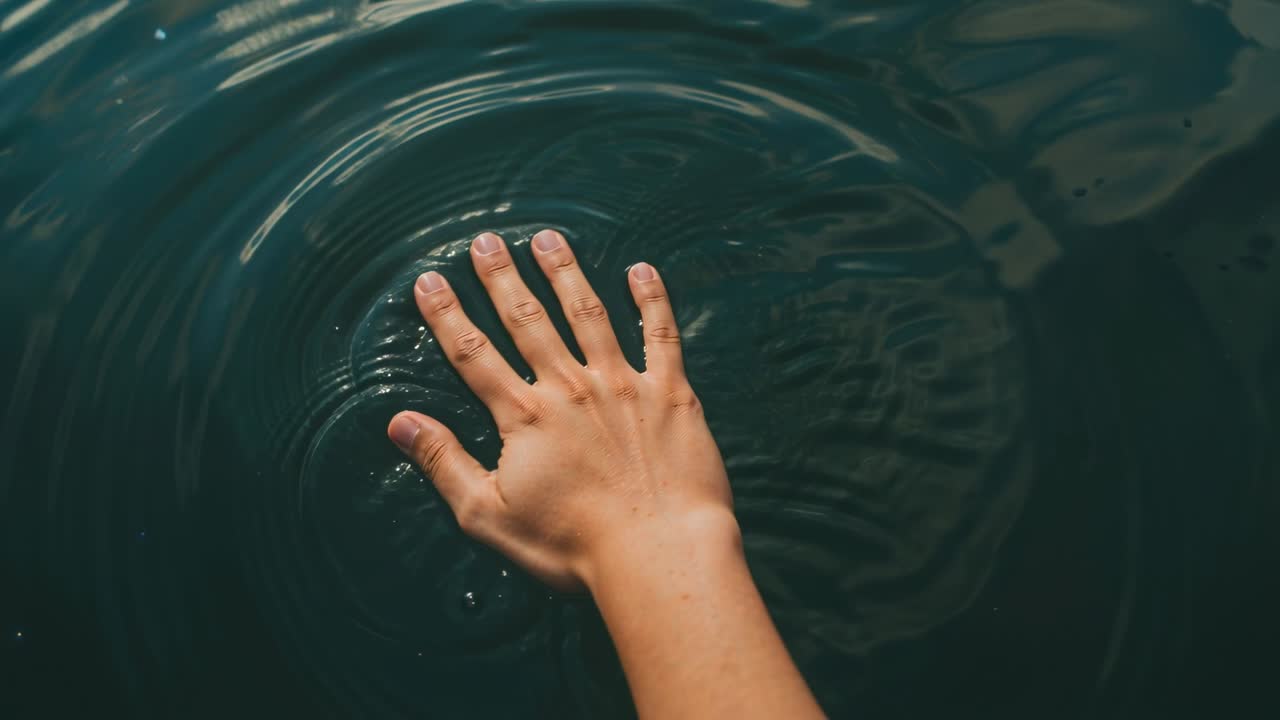 Reaching right hand and bare forearm pressing dark pond surface, creating expanding ripple rings
