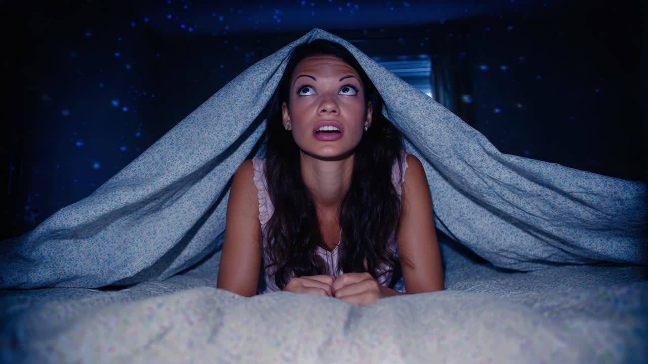 A woman's contemplative moment under a blanket, gazing at the starry night sky, expressing wonder and curiosity in a serene bedroom atmosphere