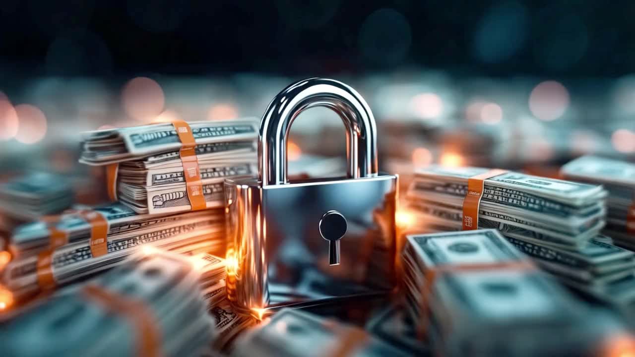 Financial Security with Padlock and Stacks of Money