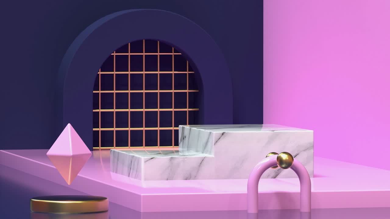 분홍색과 파란색의 장면, 대리석 텍스처, 추상적인 빈 포디움, 3d 렌더링 모션