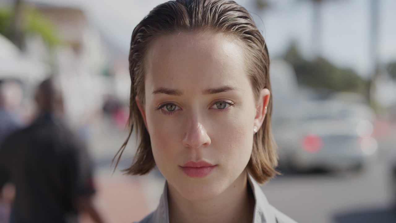 ⁇ 은 해변 배경에서 카메라를 심각하게 바라보는 매력적인 여성의 초상화