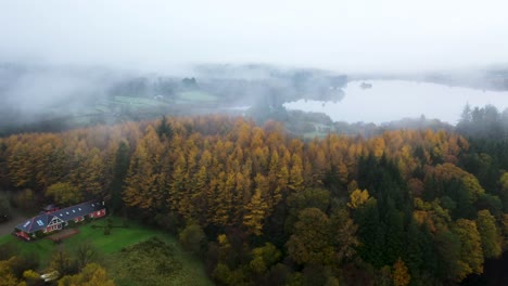 Beautiful-Forest-and-Foggy-Landscape-of-Donegal,-Ireland---Aerial