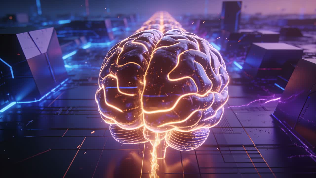 Stylized brain pulsing central spine, sending flashes and activating neon circuits for AI data flow