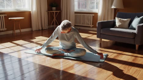 senior woman practicing yoga at home