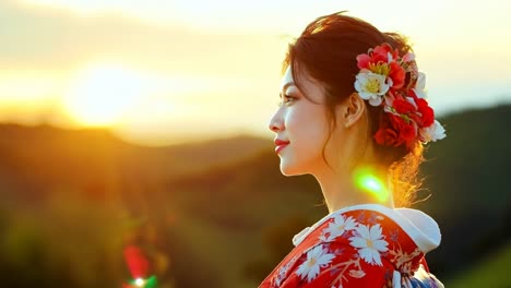 a woman in a red kimono with a flower in her hair