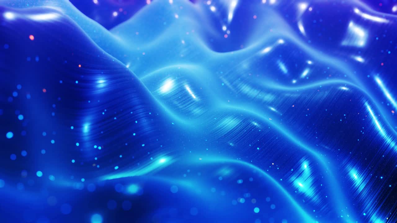 fantastical festive blue bg. Stylish abstract looped background, waves move on glossy surface like landscape made of liquid blue wax with sparkles. Beautiful soft background with smooth animation 4k