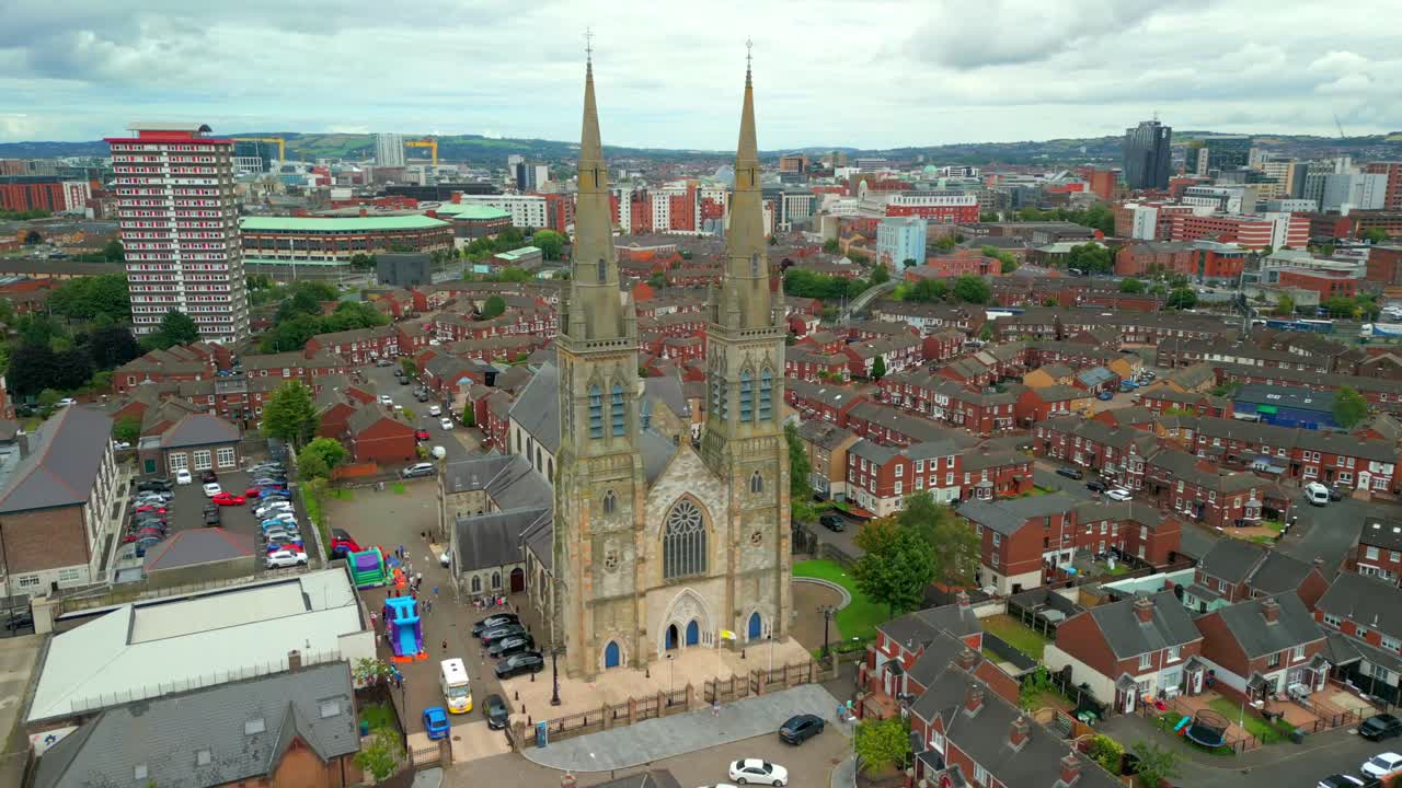 Advancing aerial video of Clonard Monastery in West Belfast, Northern Ireland, UK. Produced in 4K, 60FPS and with Rec709 color