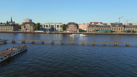 typical excursion boat on the river fantastic aerial top view flight river spree, east berlin germany evening summer 23