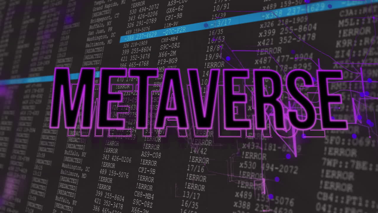 Animation of digital data and error codes with Metaverse text on black background