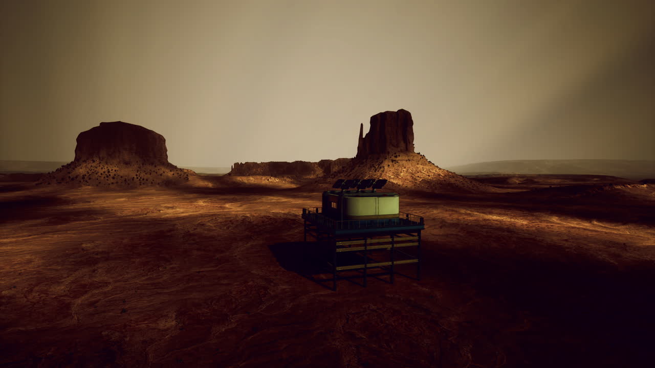 Exploration base on a distant planet with rocky formations at sunset