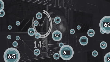Animation of 6G technology symbols floating over abstract digital data patterns