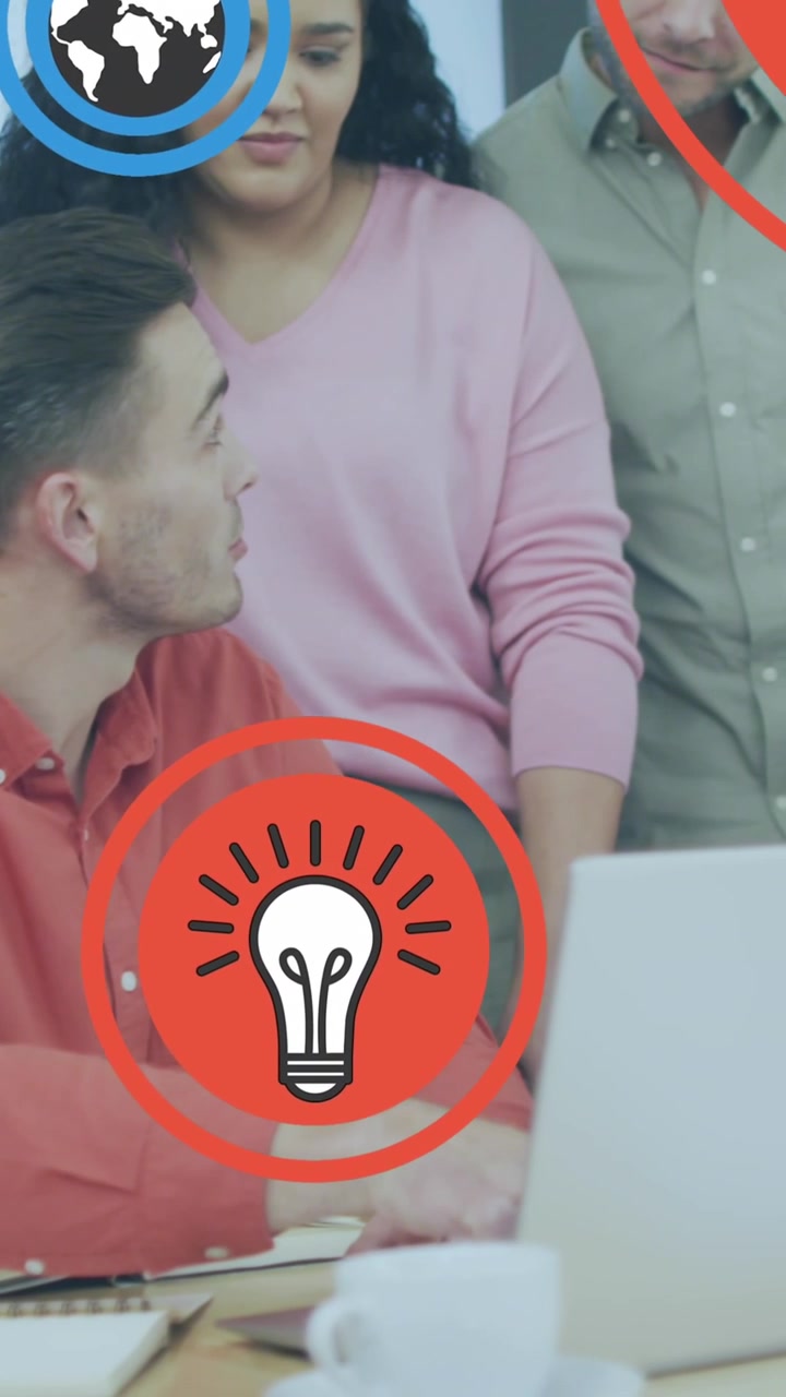 Animazione di icona in cerchi su colleghi di lavoro di diverse etnie che discutono rapporti in ufficio