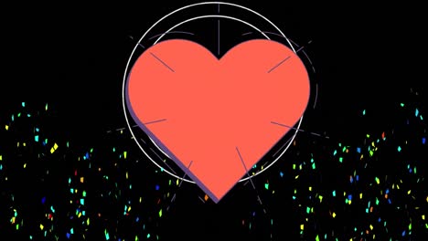 Animation-of-confetti-falling-and-circles-over-red-heart-on-black-background