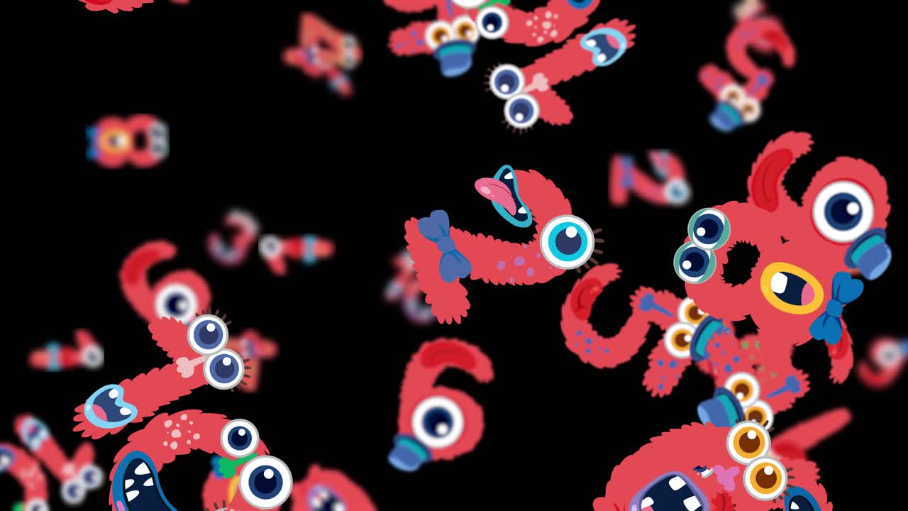 Bright, animated monsters cascade against a black background, creating a lively and whimsical visual experience