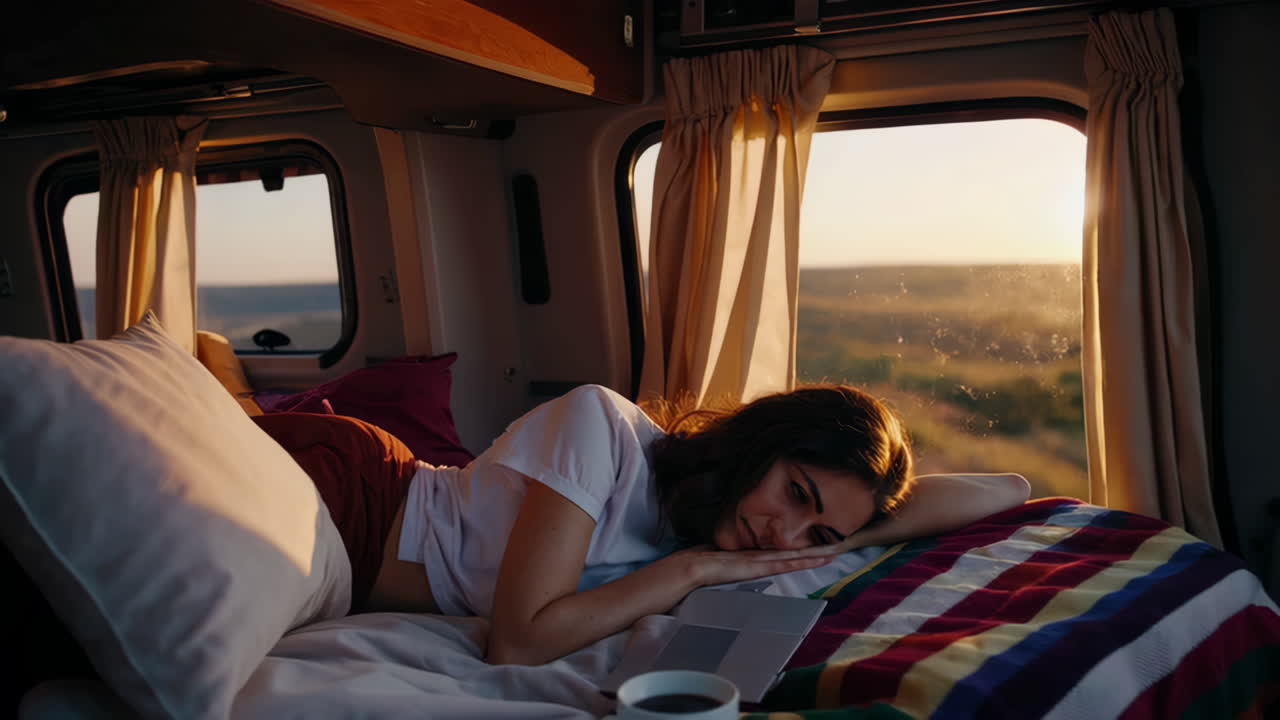 Woman enjoying van life with coffee at sunrise