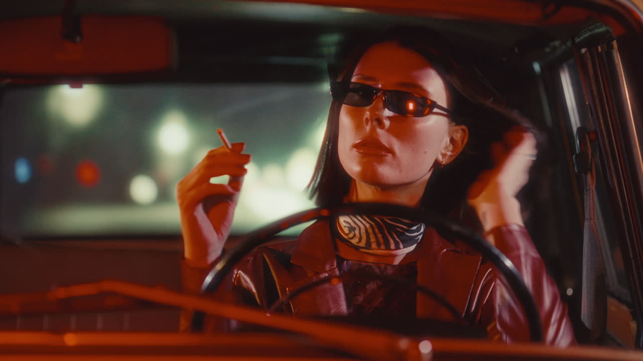 Portrait of Elegant Woman with Cigarette Driving Vintage Car at Night