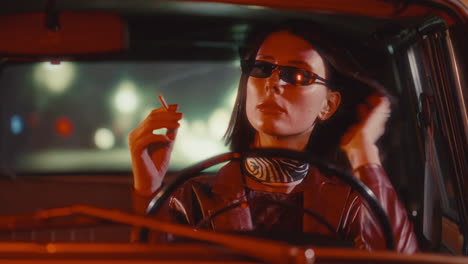 portrait of elegant woman with cigarette driving vintage car at night