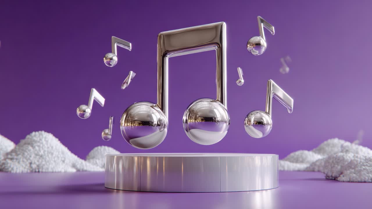 Captivating Musical Elements in Motion: A Stunning Display of Floating Silver Notes and Gleaming Spheres Against a Rich Purple Background
