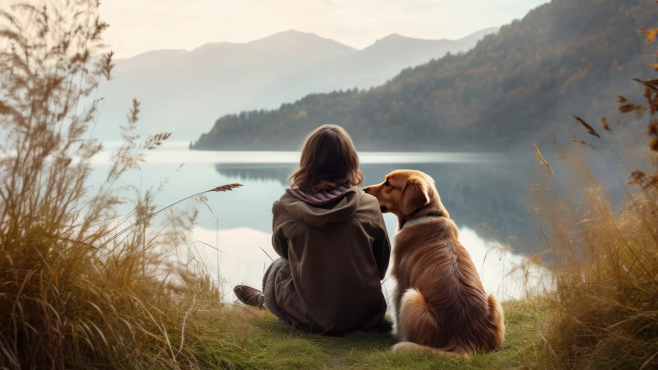 A serene video concept showing a rear-view angle of a person and dog sitting by a lake