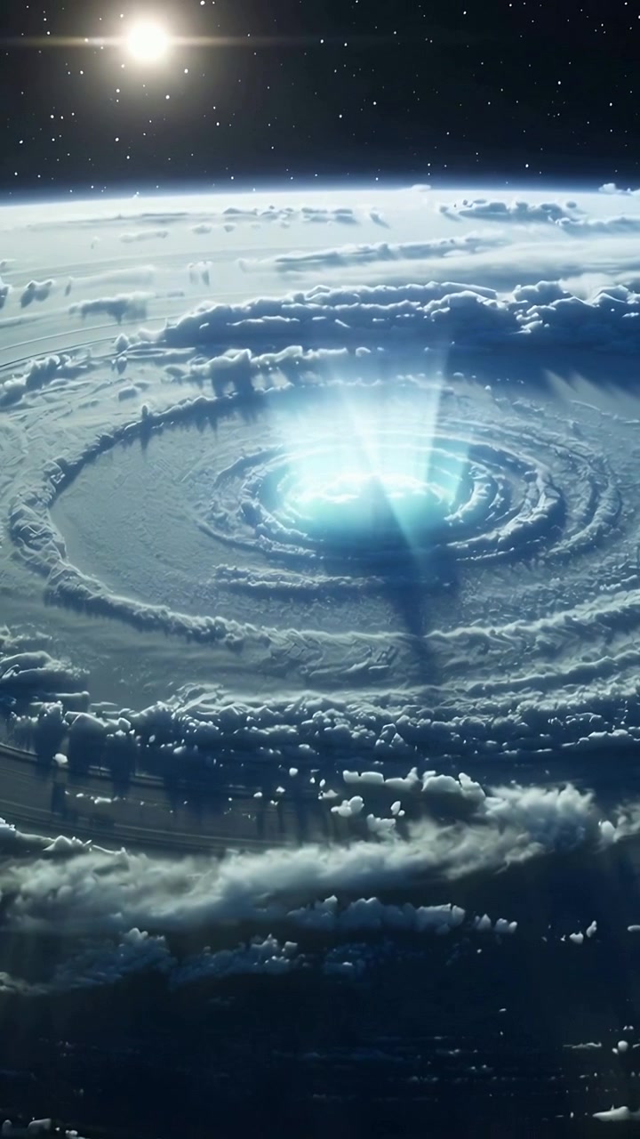 Video verticale: Bagliore pulsante, nucleo di tempesta multi-anello che invia raggi di luce sopra il bordo del pianeta, sole a sinistra