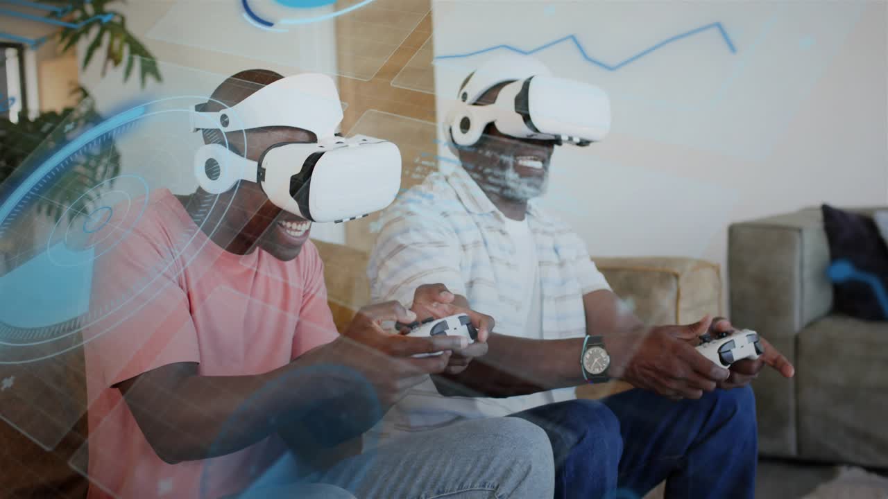 Padre e figlio premono il pulsante di avvio, si sporgono in avanti e giocano a un gioco VR con cuffie e interfaccia utente olografica