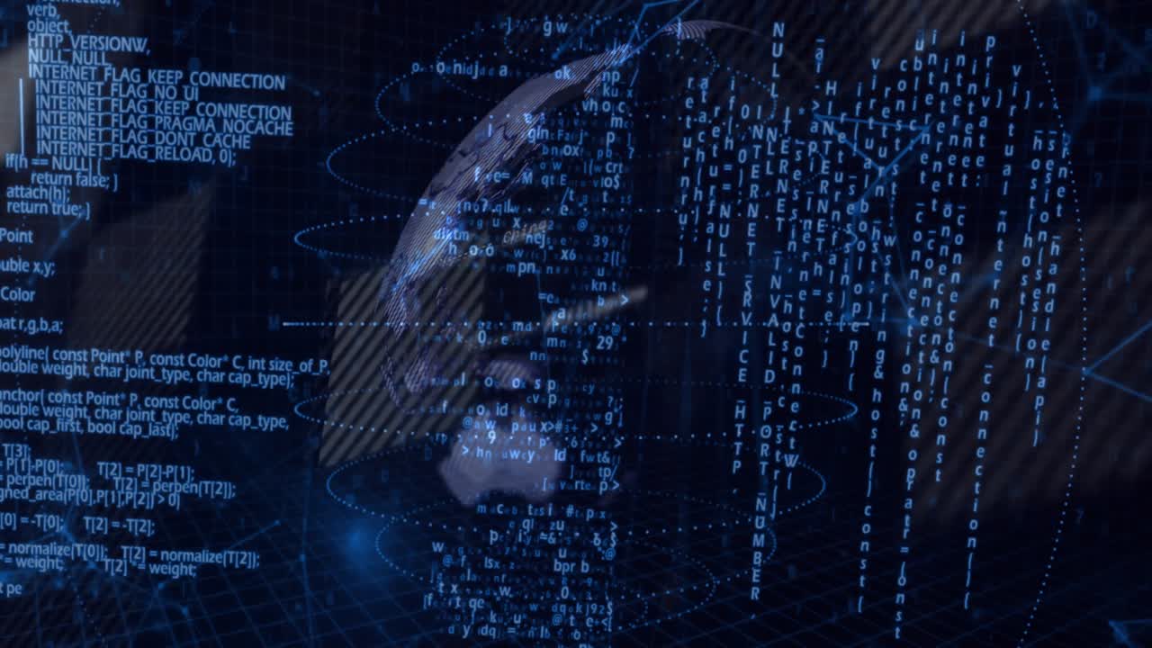 Code streams forming rings projecting holo globe while camera circles visualizing network nodes