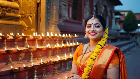 traditional clad indian woman smiling, wearing vibrant orange sari and yellow garland, standing amid illuminated oil lamps inside temple during festive diwali moment