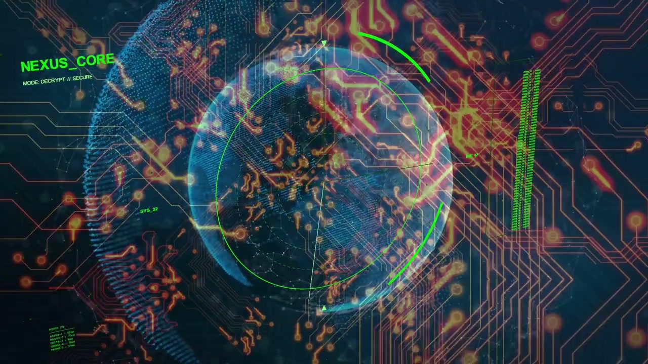 Translucent globe receiving orange nodes from right after green HUD bars pulsing for system scan