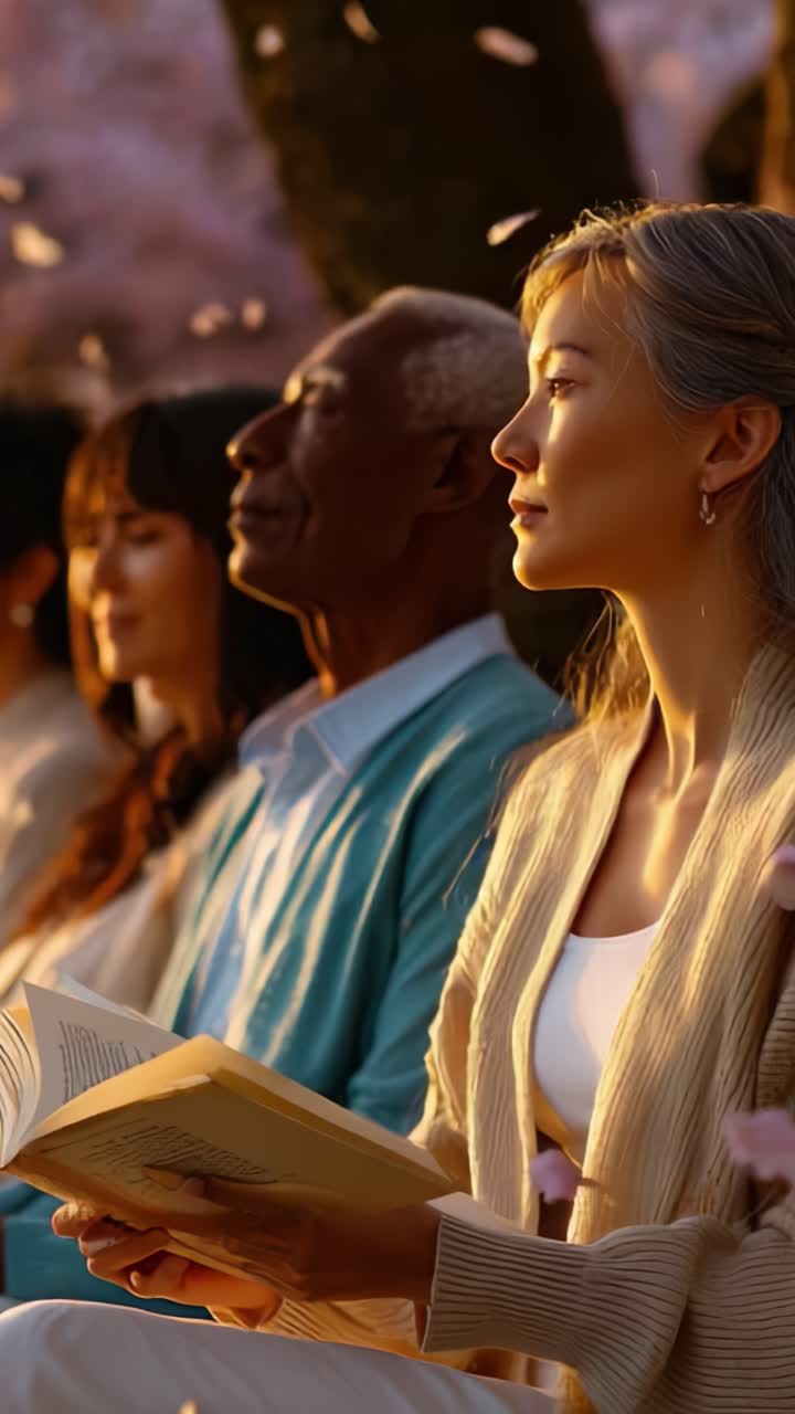 A Serene Gathering of Friends Enjoying Nature's Beauty, Reading and Reflecting Among Cherry Blossoms Under a Gentle Sunlight, Capturing Tranquility and Connection