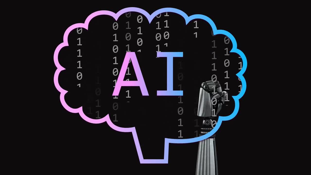 Animation of ai data processing over robot's arm and dark background