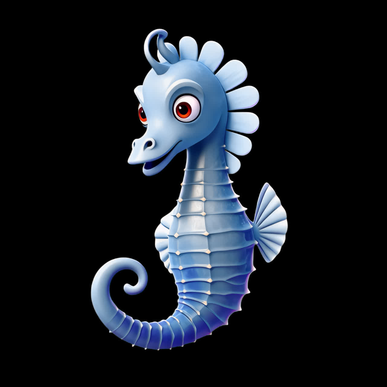 Charming blue cartoon seahorse animation isolated asset, transparent 4K video, alpha channel, ProRes