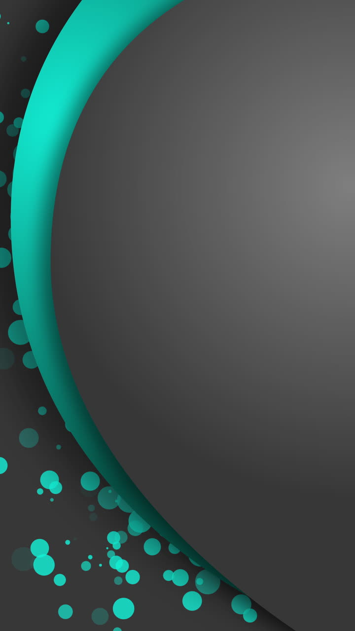 Geometric gray background with rounded shapes. Empty space for text. Looped motion graphics. Green round flying particles. Vertical video.