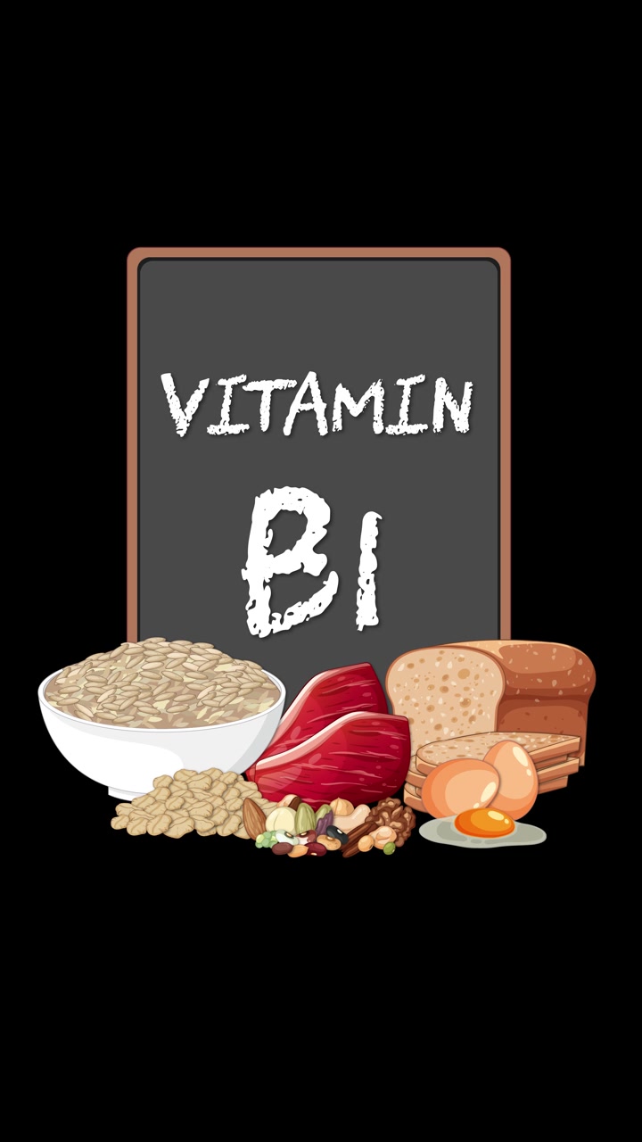 Chalkboard text and healthy foods animate onto black background, highlighting vitamin B1 thiamine sources