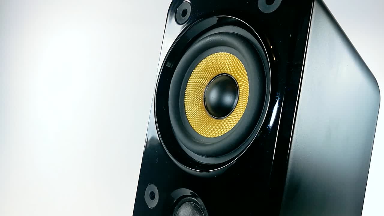A vibrating membrane on Isolated high performance black and golden audio speaker, Part 5, STILL, SLOMO