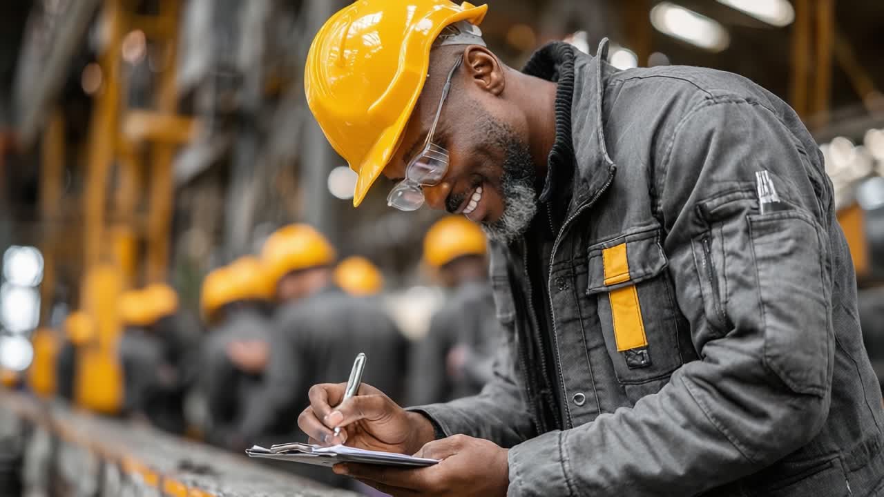 A focused factory worker in a yellow hard hat diligently takes notes while standing next to a bustling production line, showcasing the essence of teamwork and dedication in manufacturing