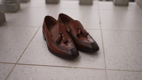 elegant brown leather tassel loafers neatly placed on a clean indoor tiled floor
