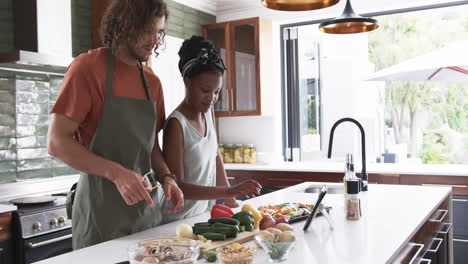 diverse couple, a young african american woman and caucasian man, cooking together at home