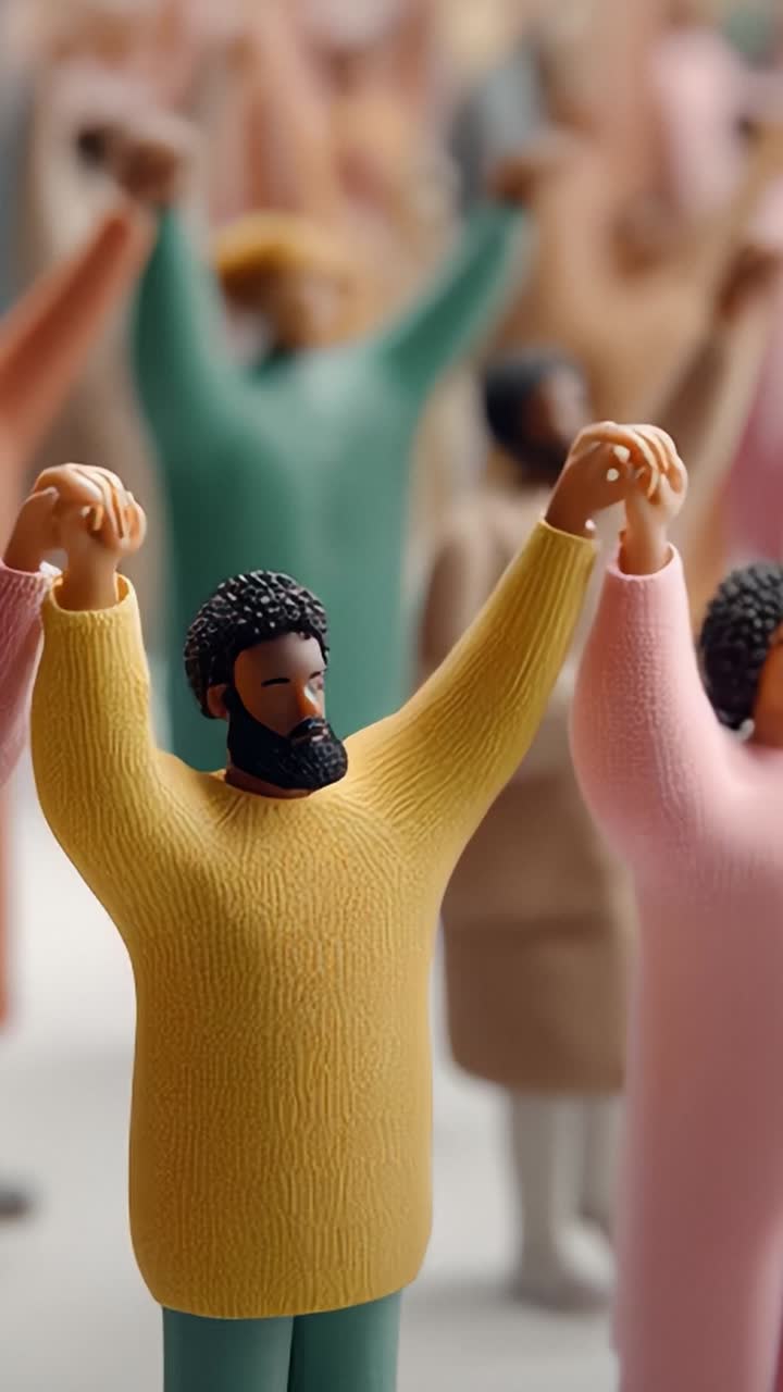 Celebration of Unity: A Colorful Gathering of Figures with Raised Hands, Symbolizing Togetherness and Collective Joy in a Creative Art Installation